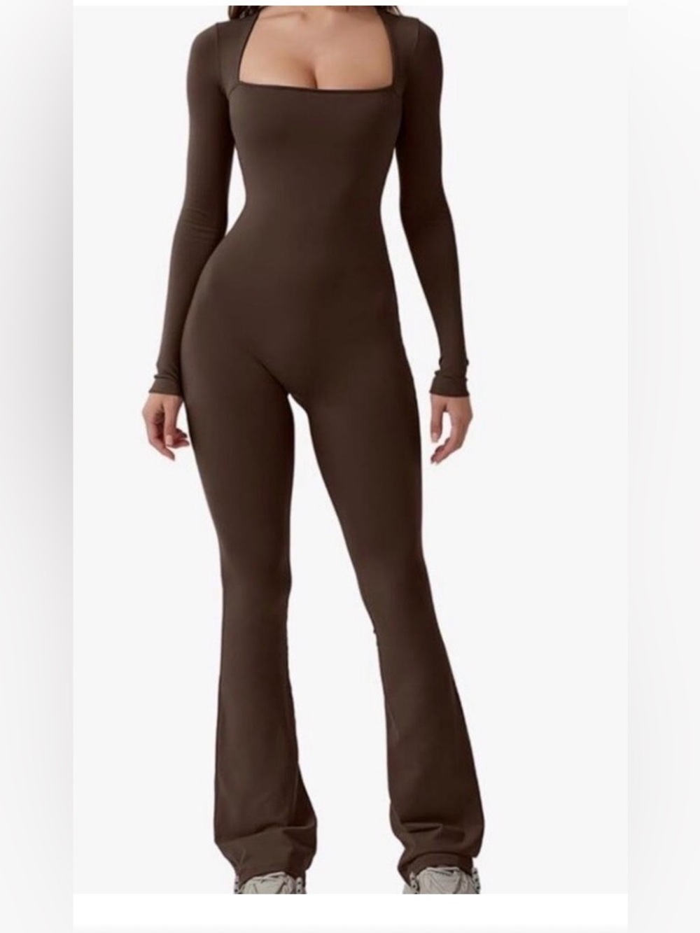 Long-Sleeve Square-Neck Brown Fitted Jumpsuit